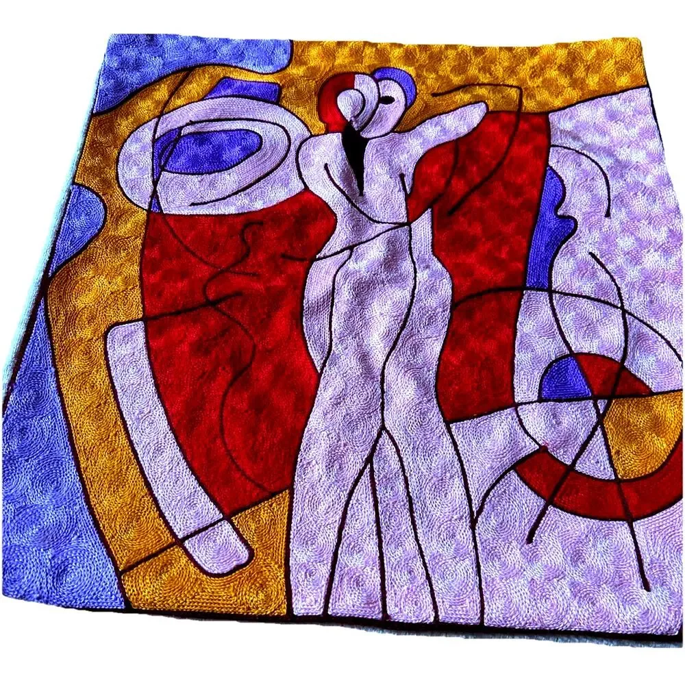 Picasso Suzani Silk Embroidery Pillow Cover Artsy abstract cubist-style design